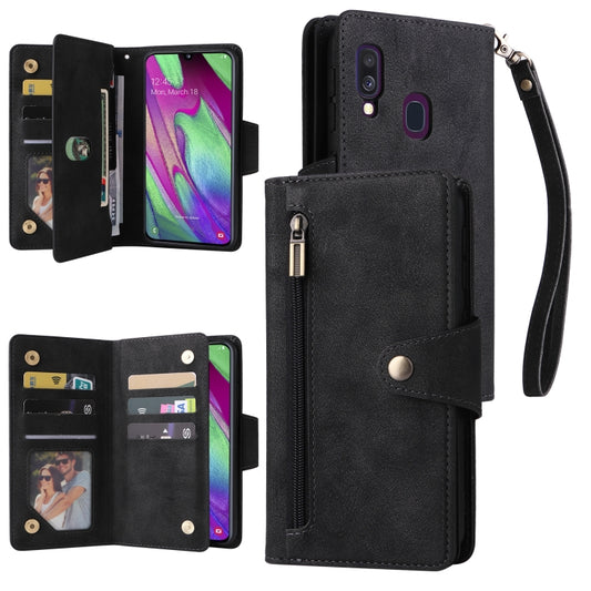 Rivet Buckle 9 Cards Three Fold Leather Phone Case, For Samsung Galaxy A40, For Samsung Galaxy A42 5G, For Samsung Galaxy A51, For Samsung Galaxy A51 5G, For Samsung Galaxy A52 5G, For Samsung Galaxy A70/A70S, For Samsung Galaxy A71