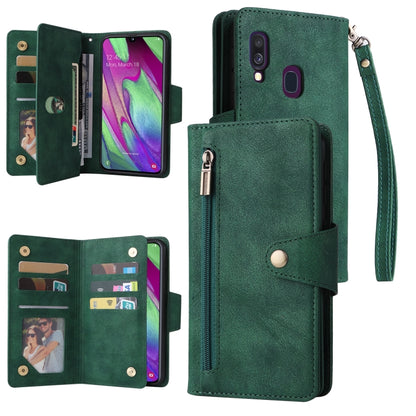 Rivet Buckle 9 Cards Three Fold Leather Phone Case, For Samsung Galaxy A40, For Samsung Galaxy A42 5G, For Samsung Galaxy A51, For Samsung Galaxy A51 5G, For Samsung Galaxy A52 5G, For Samsung Galaxy A70/A70S, For Samsung Galaxy A71                    ...