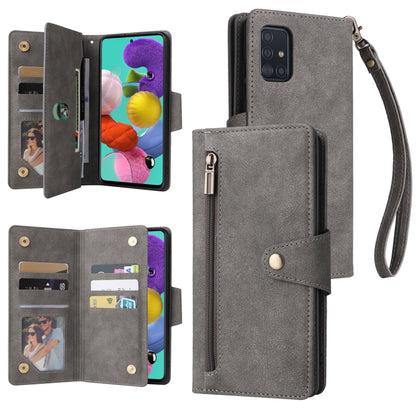 Rivet Buckle 9 Cards Three Fold Leather Phone Case, For Samsung Galaxy A40, For Samsung Galaxy A42 5G, For Samsung Galaxy A51, For Samsung Galaxy A51 5G, For Samsung Galaxy A52 5G, For Samsung Galaxy A70/A70S, For Samsung Galaxy A71                    ...