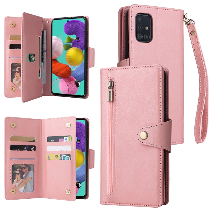 Rivet Buckle 9 Cards Three Fold Leather Phone Case, For Samsung Galaxy A40, For Samsung Galaxy A42 5G, For Samsung Galaxy A51, For Samsung Galaxy A51 5G, For Samsung Galaxy A52 5G, For Samsung Galaxy A70/A70S, For Samsung Galaxy A71                    ...