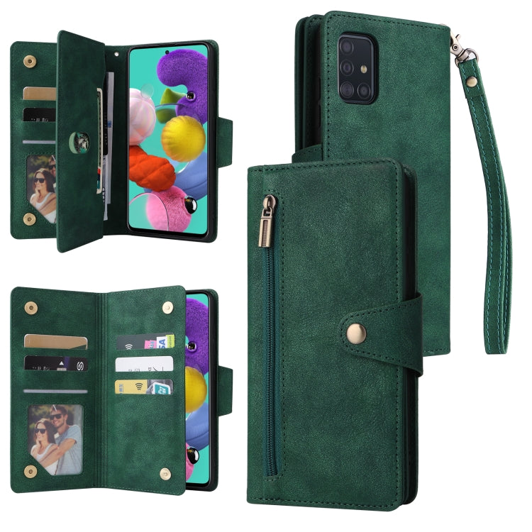 Rivet Buckle 9 Cards Three Fold Leather Phone Case, For Samsung Galaxy A40, For Samsung Galaxy A42 5G, For Samsung Galaxy A51, For Samsung Galaxy A51 5G, For Samsung Galaxy A52 5G, For Samsung Galaxy A70/A70S, For Samsung Galaxy A71                    ...