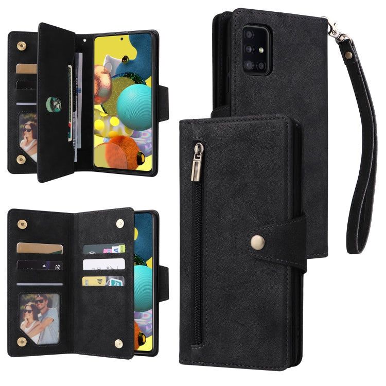 Rivet Buckle 9 Cards Three Fold Leather Phone Case, For Samsung Galaxy A40, For Samsung Galaxy A42 5G, For Samsung Galaxy A51, For Samsung Galaxy A51 5G, For Samsung Galaxy A52 5G, For Samsung Galaxy A70/A70S, For Samsung Galaxy A71                    ...