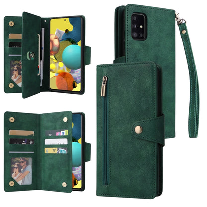 Rivet Buckle 9 Cards Three Fold Leather Phone Case, For Samsung Galaxy A40, For Samsung Galaxy A42 5G, For Samsung Galaxy A51, For Samsung Galaxy A51 5G, For Samsung Galaxy A52 5G, For Samsung Galaxy A70/A70S, For Samsung Galaxy A71                    ...