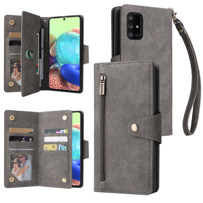 Rivet Buckle 9 Cards Three Fold Leather Phone Case, For Samsung Galaxy A40, For Samsung Galaxy A42 5G, For Samsung Galaxy A51, For Samsung Galaxy A51 5G, For Samsung Galaxy A52 5G, For Samsung Galaxy A70/A70S, For Samsung Galaxy A71                    ...