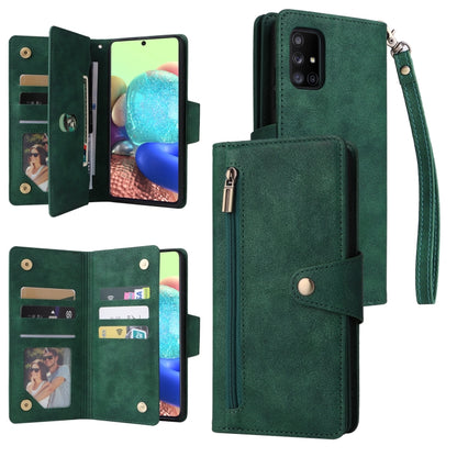 Rivet Buckle 9 Cards Three Fold Leather Phone Case, For Samsung Galaxy A40, For Samsung Galaxy A42 5G, For Samsung Galaxy A51, For Samsung Galaxy A51 5G, For Samsung Galaxy A52 5G, For Samsung Galaxy A70/A70S, For Samsung Galaxy A71                    ...