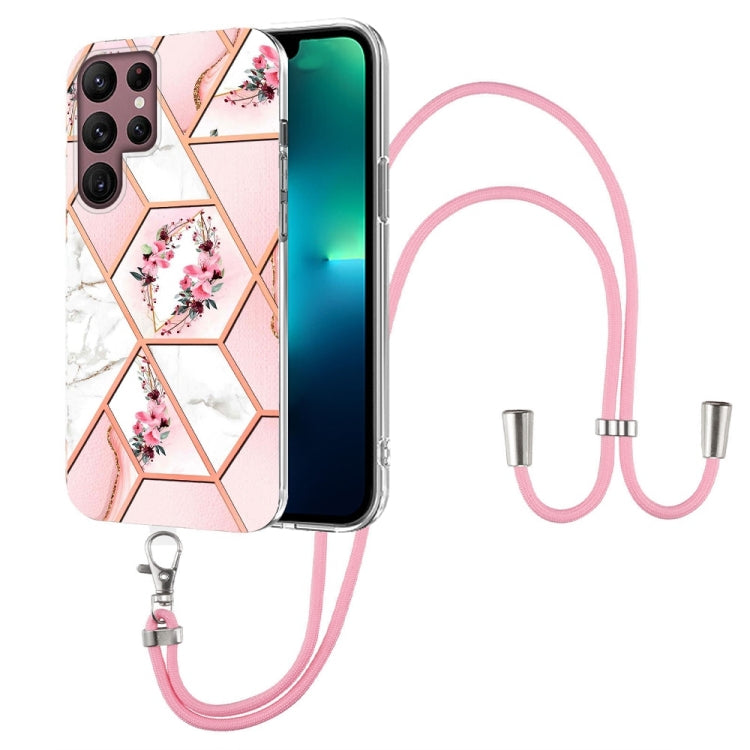 Splicing Marble Flower Pattern TPU Phone Case with Lanyard, For Samsung Galaxy A73 5G, For Samsung Galaxy Note20, For Samsung Galaxy Note20 Ultra, For Samsung Galaxy S22 5G, For Samsung Galaxy S22+ 5G, For Samsung Galaxy S22 Ultra 5G