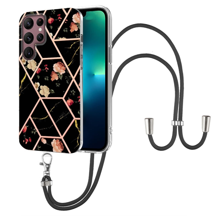 Splicing Marble Flower Pattern TPU Phone Case with Lanyard, For Samsung Galaxy A73 5G, For Samsung Galaxy Note20, For Samsung Galaxy Note20 Ultra, For Samsung Galaxy S22 5G, For Samsung Galaxy S22+ 5G, For Samsung Galaxy S22 Ultra 5G