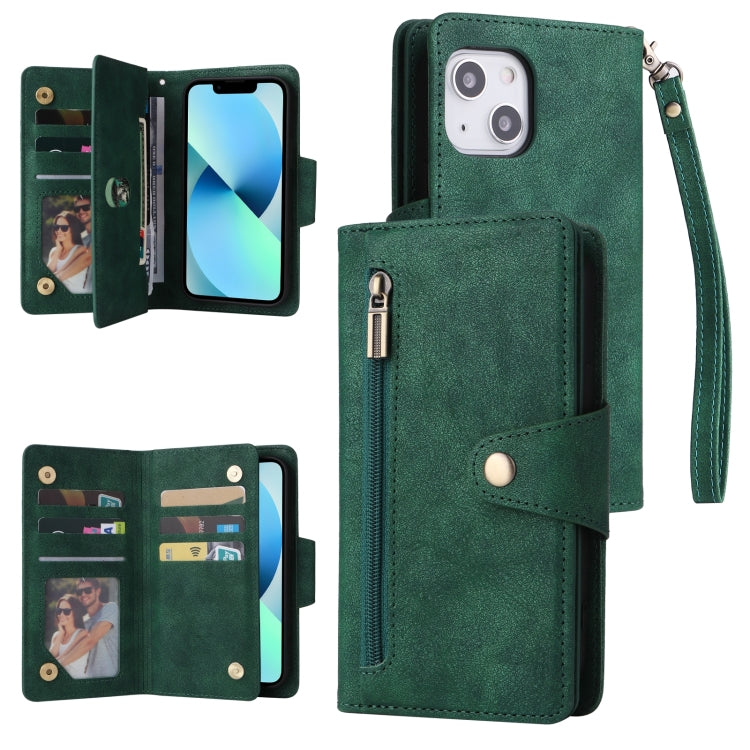 Rivet Buckle 9 Cards Three Fold Leather Phone Case, For iPhone 13