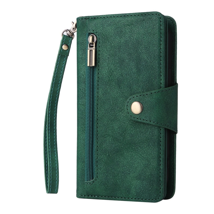 Rivet Buckle 9 Cards Three Fold Leather Phone Case, For iPhone 13