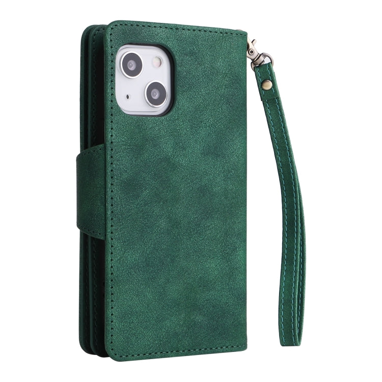 Rivet Buckle 9 Cards Three Fold Leather Phone Case, For iPhone 13