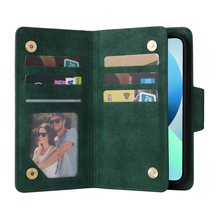 Rivet Buckle 9 Cards Three Fold Leather Phone Case, For iPhone 13