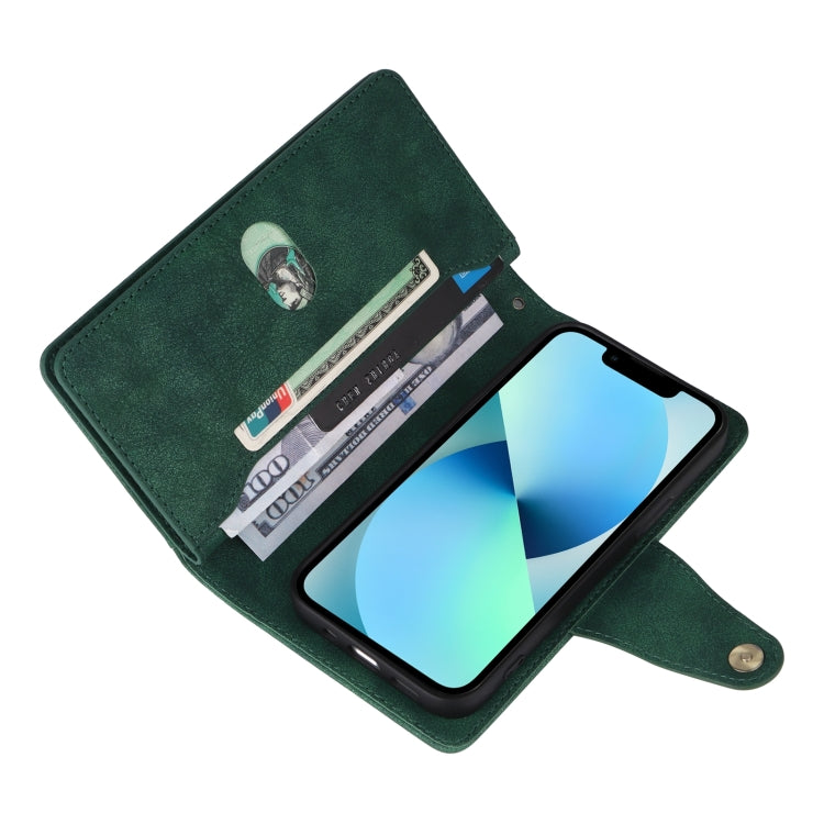 Rivet Buckle 9 Cards Three Fold Leather Phone Case, For iPhone 13