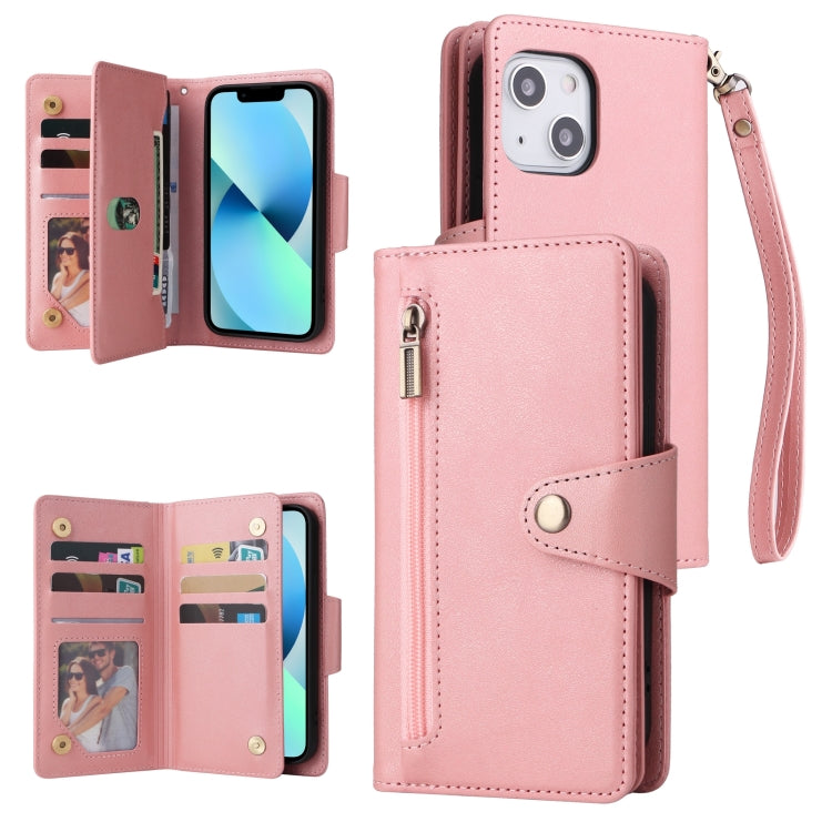 Rivet Buckle 9 Cards Three Fold Leather Phone Case, For iPhone 13
