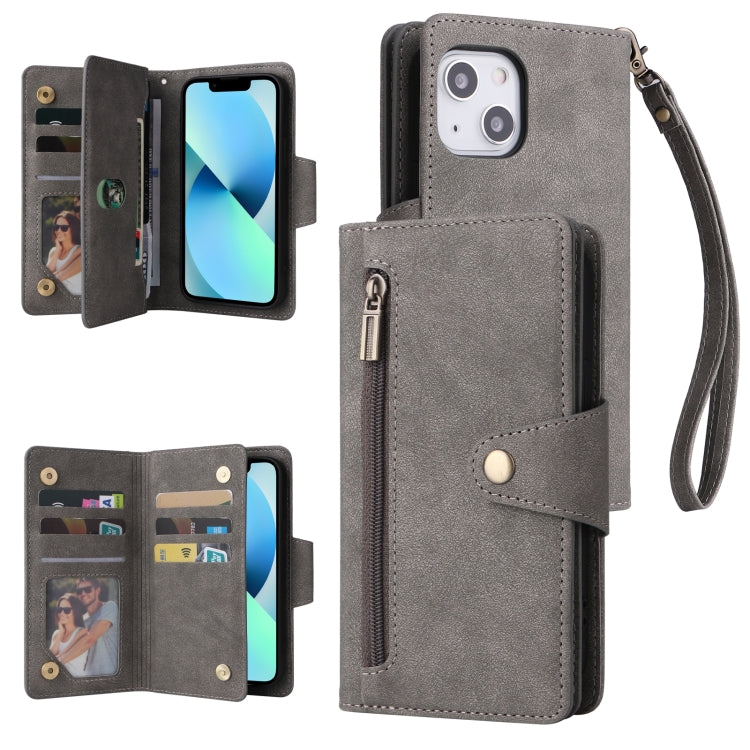 Rivet Buckle 9 Cards Three Fold Leather Phone Case, For iPhone 13