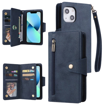 Rivet Buckle 9 Cards Three Fold Leather Phone Case, For iPhone 13