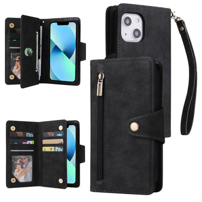 Rivet Buckle 9 Cards Three Fold Leather Phone Case, For iPhone 13