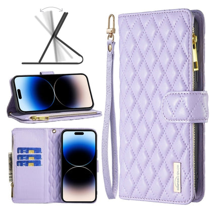 Diamond Lattice Zipper Wallet Leather Flip Phone Case, For iPhone 14, For iPhone 14 Plus, For iPhone 14 Pro, For iPhone 14 Pro Max, For iPhone 13 mini, For iPhone 13, For iPhone 13 Pro, For iPhone 13 Pro Max
