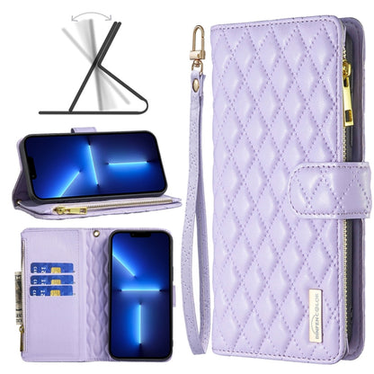 Diamond Lattice Zipper Wallet Leather Flip Phone Case, For iPhone 14, For iPhone 14 Plus, For iPhone 14 Pro, For iPhone 14 Pro Max, For iPhone 13 mini, For iPhone 13, For iPhone 13 Pro, For iPhone 13 Pro Max