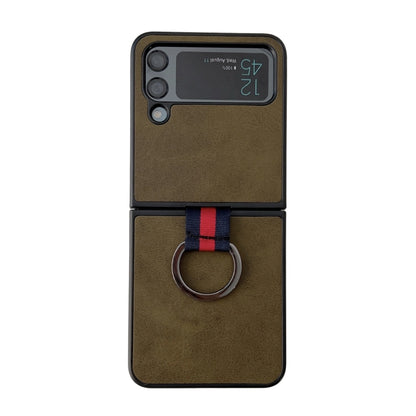 Two-color Cowhide Texture Protective Phone Case with Ring Buckle, For Samsung Galaxy Z Flip4