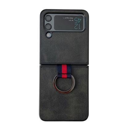 Two-color Cowhide Texture Protective Phone Case with Ring Buckle, For Samsung Galaxy Z Flip4