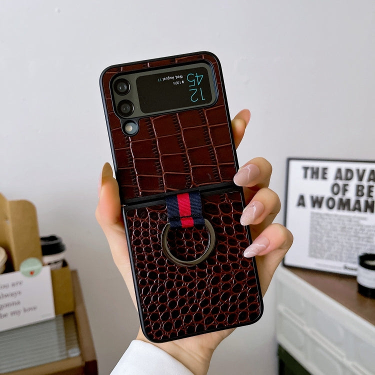 Crocodile Texture Genuine Leather Phone Case with Ring, For Samsung Galaxy Z Flip4