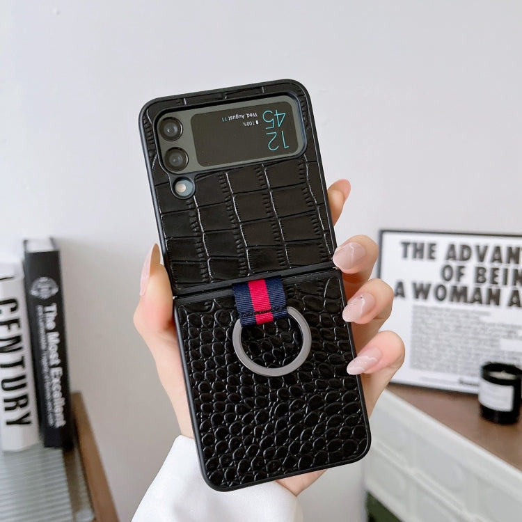 Crocodile Texture Genuine Leather Phone Case with Ring, For Samsung Galaxy Z Flip4