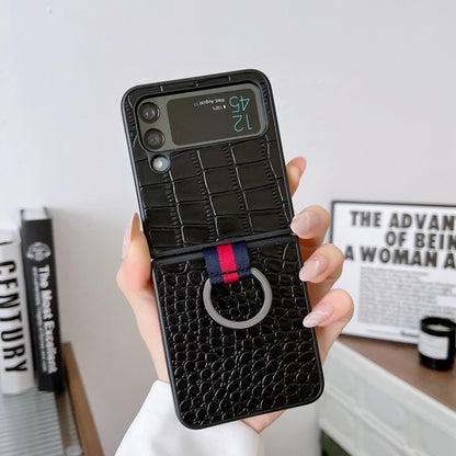 Crocodile Texture Genuine Leather Phone Case with Ring, For Samsung Galaxy Z Flip4