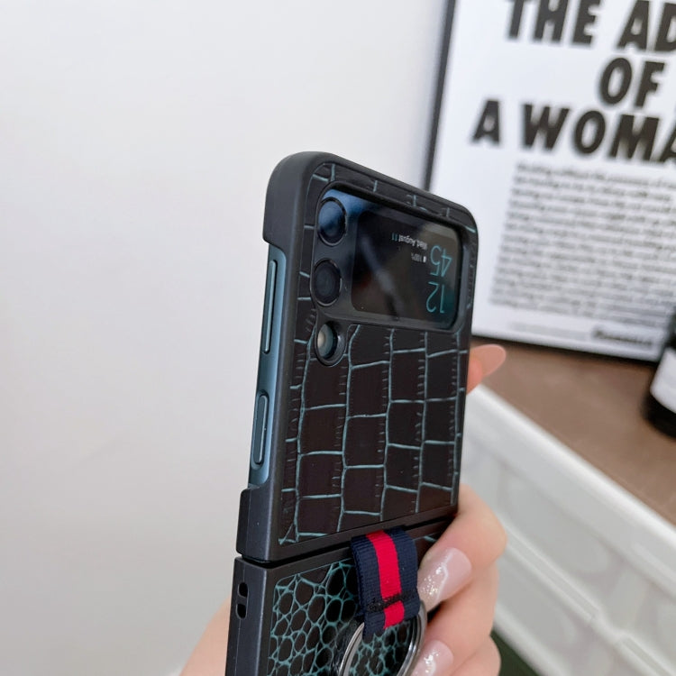 Crocodile Texture Genuine Leather Phone Case with Ring, For Samsung Galaxy Z Flip4