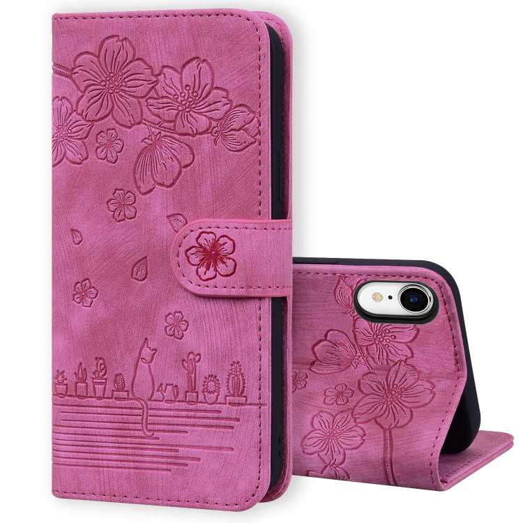 Cartoon Sakura Cat Embossed Leather Case, For iPhone XR, For iPhone XS Max, For iPhone SE 2022 / SE 2020 / 7 / 8, For iPhone 7 Plus / 8 Plus