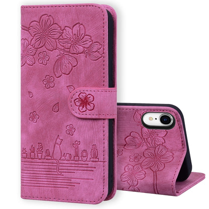 Cartoon Sakura Cat Embossed Leather Case, For iPhone XR, For iPhone XS Max, For iPhone SE 2022 / SE 2020 / 7 / 8, For iPhone 7 Plus / 8 Plus