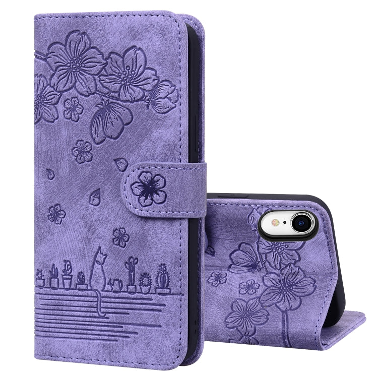 Cartoon Sakura Cat Embossed Leather Case, For iPhone XR, For iPhone XS Max, For iPhone SE 2022 / SE 2020 / 7 / 8, For iPhone 7 Plus / 8 Plus