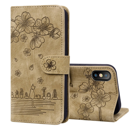 Cartoon Sakura Cat Embossed Leather Case, For iPhone XR, For iPhone XS Max, For iPhone SE 2022 / SE 2020 / 7 / 8, For iPhone 7 Plus / 8 Plus