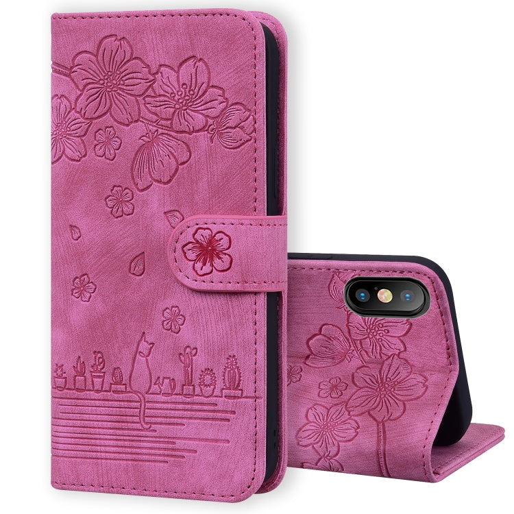 Cartoon Sakura Cat Embossed Leather Case, For iPhone XR, For iPhone XS Max, For iPhone SE 2022 / SE 2020 / 7 / 8, For iPhone 7 Plus / 8 Plus