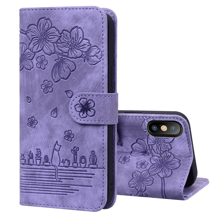Cartoon Sakura Cat Embossed Leather Case, For iPhone XR, For iPhone XS Max, For iPhone SE 2022 / SE 2020 / 7 / 8, For iPhone 7 Plus / 8 Plus