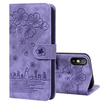 Cartoon Sakura Cat Embossed Leather Case, For iPhone XR, For iPhone XS Max, For iPhone SE 2022 / SE 2020 / 7 / 8, For iPhone 7 Plus / 8 Plus