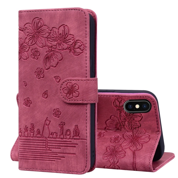 Cartoon Sakura Cat Embossed Leather Case, For iPhone XR, For iPhone XS Max, For iPhone SE 2022 / SE 2020 / 7 / 8, For iPhone 7 Plus / 8 Plus