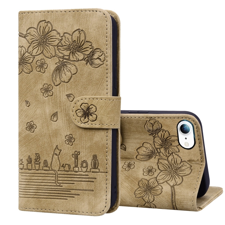 Cartoon Sakura Cat Embossed Leather Case, For iPhone XR, For iPhone XS Max, For iPhone SE 2022 / SE 2020 / 7 / 8, For iPhone 7 Plus / 8 Plus