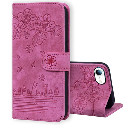 Cartoon Sakura Cat Embossed Leather Case, For iPhone XR, For iPhone XS Max, For iPhone SE 2022 / SE 2020 / 7 / 8, For iPhone 7 Plus / 8 Plus