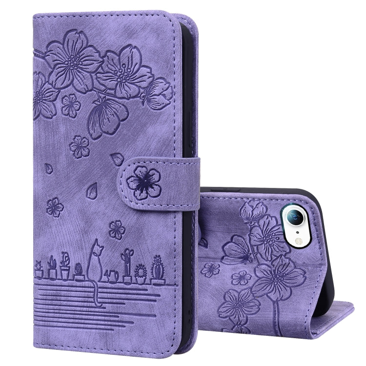 Cartoon Sakura Cat Embossed Leather Case, For iPhone XR, For iPhone XS Max, For iPhone SE 2022 / SE 2020 / 7 / 8, For iPhone 7 Plus / 8 Plus