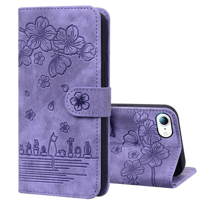 Cartoon Sakura Cat Embossed Leather Case, For iPhone XR, For iPhone XS Max, For iPhone SE 2022 / SE 2020 / 7 / 8, For iPhone 7 Plus / 8 Plus