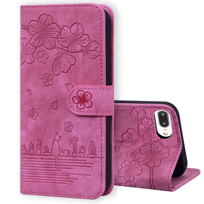 Cartoon Sakura Cat Embossed Leather Case, For iPhone XR, For iPhone XS Max, For iPhone SE 2022 / SE 2020 / 7 / 8, For iPhone 7 Plus / 8 Plus