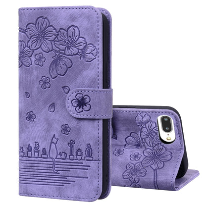 Cartoon Sakura Cat Embossed Leather Case, For iPhone XR, For iPhone XS Max, For iPhone SE 2022 / SE 2020 / 7 / 8, For iPhone 7 Plus / 8 Plus