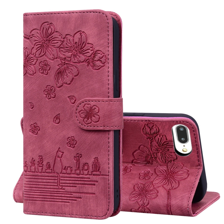 Cartoon Sakura Cat Embossed Leather Case, For iPhone XR, For iPhone XS Max, For iPhone SE 2022 / SE 2020 / 7 / 8, For iPhone 7 Plus / 8 Plus