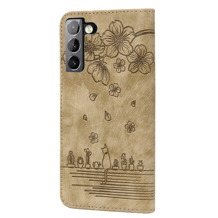 Cartoon Sakura Cat Embossed Leather Phone Case, For Samsung Galaxy S22 5G, For Samsung Galaxy S22+ 5G, For Samsung Galaxy S22 Ultra 5G, For Samsung Galaxy S21 5G, For Samsung Galaxy S21+ 5G, For Samsung Galaxy S21 Ultra 5G                              ...