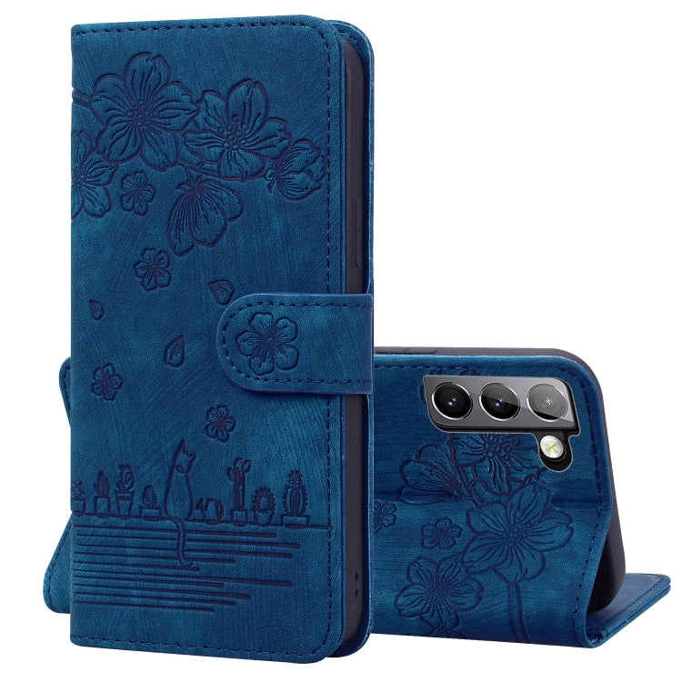 Cartoon Sakura Cat Embossed Leather Phone Case, For Samsung Galaxy S22 5G, For Samsung Galaxy S22+ 5G, For Samsung Galaxy S22 Ultra 5G, For Samsung Galaxy S21 5G, For Samsung Galaxy S21+ 5G, For Samsung Galaxy S21 Ultra 5G                              ...