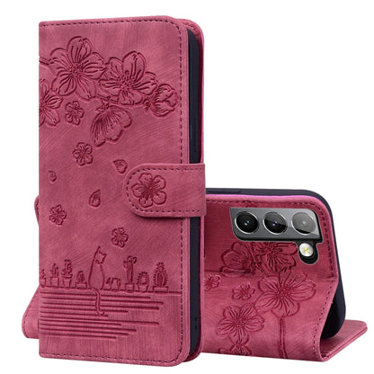 Cartoon Sakura Cat Embossed Leather Phone Case, For Samsung Galaxy S22 5G, For Samsung Galaxy S22+ 5G, For Samsung Galaxy S22 Ultra 5G, For Samsung Galaxy S21 5G, For Samsung Galaxy S21+ 5G, For Samsung Galaxy S21 Ultra 5G                              ...