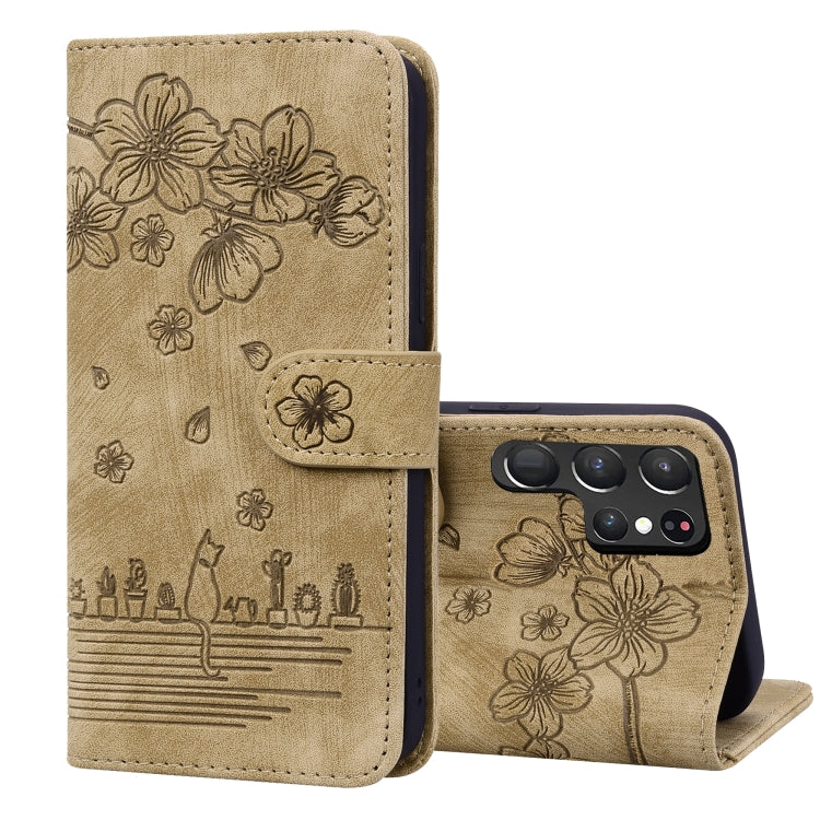 Cartoon Sakura Cat Embossed Leather Phone Case, For Samsung Galaxy S22 5G, For Samsung Galaxy S22+ 5G, For Samsung Galaxy S22 Ultra 5G, For Samsung Galaxy S21 5G, For Samsung Galaxy S21+ 5G, For Samsung Galaxy S21 Ultra 5G                              ...