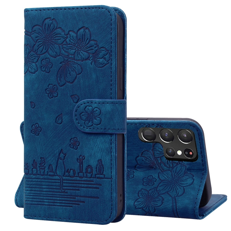 Cartoon Sakura Cat Embossed Leather Phone Case, For Samsung Galaxy S22 5G, For Samsung Galaxy S22+ 5G, For Samsung Galaxy S22 Ultra 5G, For Samsung Galaxy S21 5G, For Samsung Galaxy S21+ 5G, For Samsung Galaxy S21 Ultra 5G                              ...