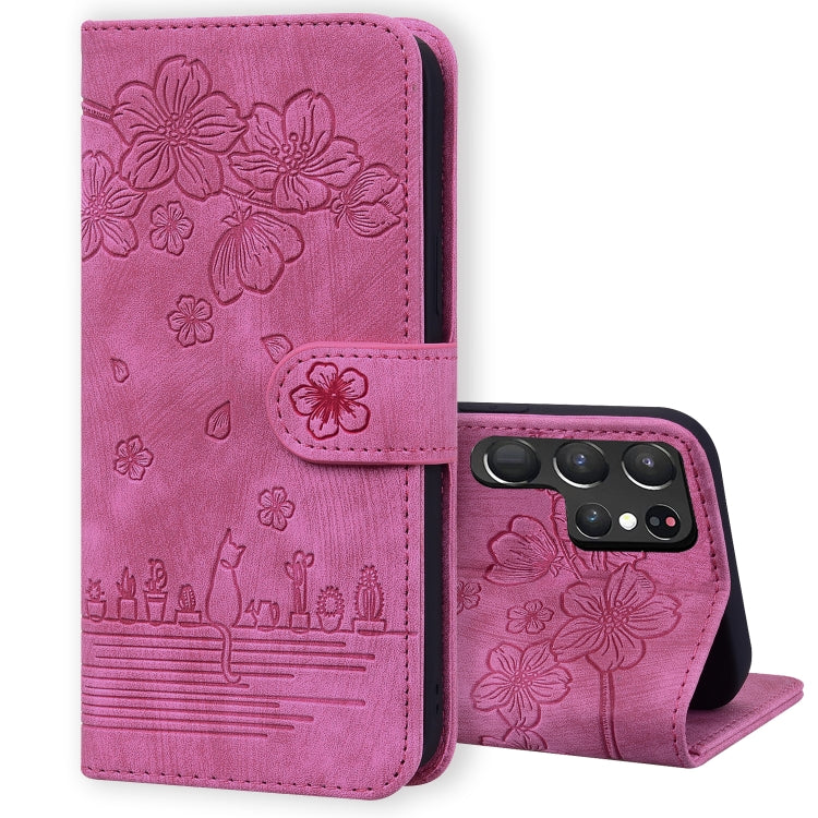 Cartoon Sakura Cat Embossed Leather Phone Case, For Samsung Galaxy S22 5G, For Samsung Galaxy S22+ 5G, For Samsung Galaxy S22 Ultra 5G, For Samsung Galaxy S21 5G, For Samsung Galaxy S21+ 5G, For Samsung Galaxy S21 Ultra 5G                              ...