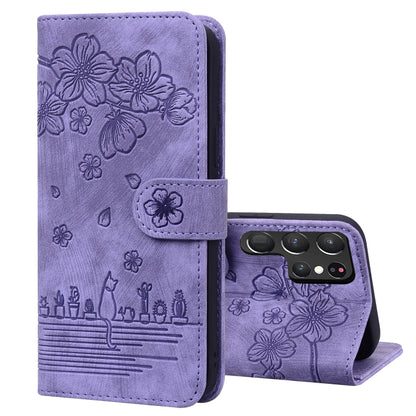 Cartoon Sakura Cat Embossed Leather Phone Case, For Samsung Galaxy S22 5G, For Samsung Galaxy S22+ 5G, For Samsung Galaxy S22 Ultra 5G, For Samsung Galaxy S21 5G, For Samsung Galaxy S21+ 5G, For Samsung Galaxy S21 Ultra 5G                              ...